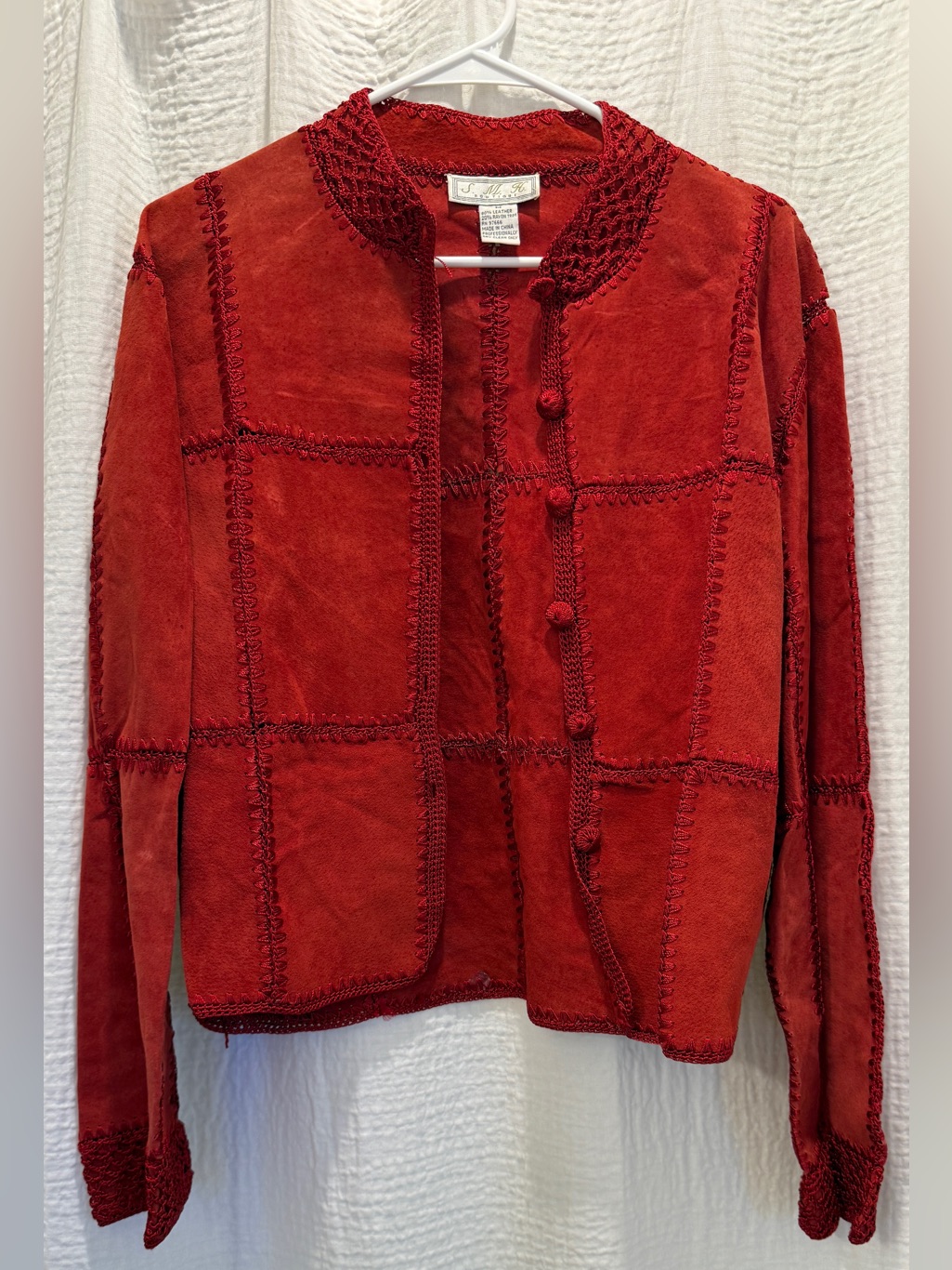 Vintage Smh Boutique Red Suede Leather Crochet Trim Western Jacket Medium